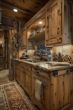 a rustic kitchen with wooden cabinets and an area rug on the floor in front of it