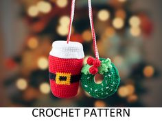 two crocheted christmas ornaments hanging from strings with the words crochet pattern