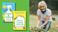 two children's books about green living and the same woman in white shirt kneeling on grass