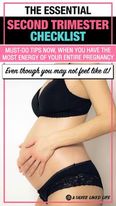 a pregnant woman with her stomach exposed and the words, the essential second trimester checklist