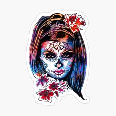 a sticker with a woman's face painted in blue and red, surrounded by flowers