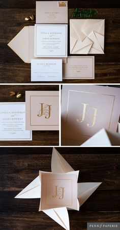 the wedding stationery is laid out on top of each other