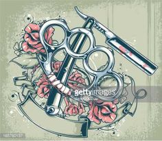 a pair of scissors and roses on a green background with an old - school tattoo style