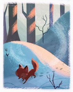 an illustration of a fox running through the snow