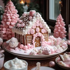 a gingerbread house decorated with pink and white icing on a table surrounded by other christmas decorations