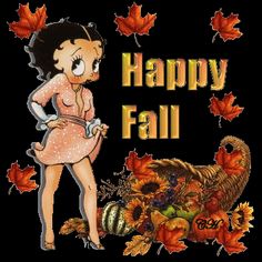 a woman standing in front of a turkey and leaves with the words happy fall on it