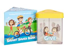 the smart saver bank is in front of a box with two children on it