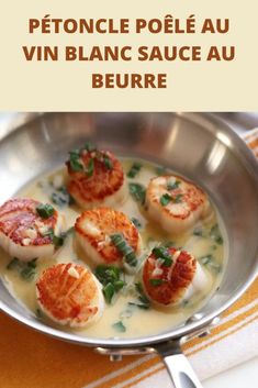 some food is in a silver bowl on a yellow and white table cloth with the words peonle poule au vin blanc sauce au beur