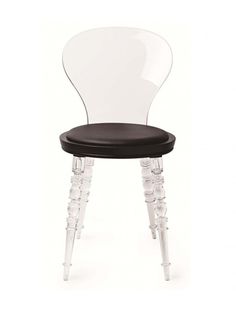 a clear chair with black seat and wooden legs