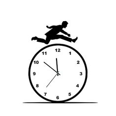 a man running on top of a clock that is black and white with the time passing