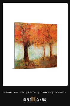 an abstract painting with trees in the foreground and text that reads framed prints metal canvass