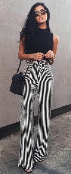 striped pants Woman In Black, Work Attire, Fashion 2017, Work Fashion