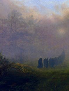 a painting of people standing in the fog