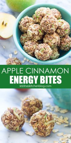 apple cinnamon energy bites in a blue bowl next to an apple and oatmeal