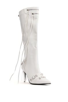 A boot is something that can actually be so personal. The AZALEA WANG Just For You Stiletto Bootie in White is an ultra-sexy faux leather boot featuring a pointed toe silhouette, a faux suede base, a slim stiletto heel, and a knee-height shaft. Complete with faux buckle accents throughout, silver metallic hardware, top zip detailing, tassel trim, and a classic inner ankle zipper closure. Style with a sleek mini skirt, a faux leather jacket, and the coordinating AKIRA Label Tracie White Industrial Look Purse for a complete look. (all measurements approximate from size 7.5): - Faux Leather Upper - Pointed Toe - Stiletto Heel - 15.5” Shaft Height - 3.75” Heel Height - 15.25" Calf Circumference - Imported Product ID: 317128 Oversized Band Tee, Boot Heels, White Industrial, Vegan Leather Boots, Azalea Wang, Faux Leather Boots, White Boots, Leather Boot, Faux Leather Jackets