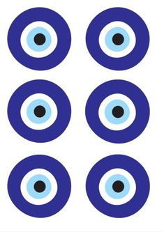 six blue circles with black dots in the middle and one has an eyeball on it