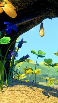 an animated scene with flowers and plants in the foreground