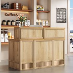 a coffee shop with wooden cabinets and shelves