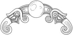 a drawing of an object with swirls and circles on the top, in black and white