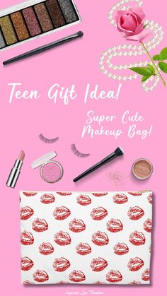 a pink background with makeup and accessories on it