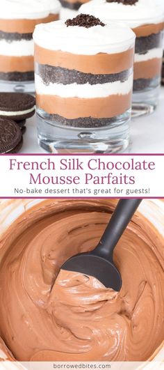 french silk chocolate mousse parfaits with oreo cookies in the background