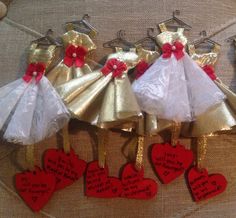 Make Christmas ornaments that look like dresses to ask your bridesmaids and flowergirl(s) to be a part of the wedding party. Make Christmas Ornaments, Christmas Ornaments To Make, Wedding Party, Flower Girl, That Look, Novelty Christmas, Christmas Ornaments, Holiday Decor, Christmas