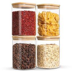 three glass containers filled with different types of food and pasta in each container, all stacked on top of each other