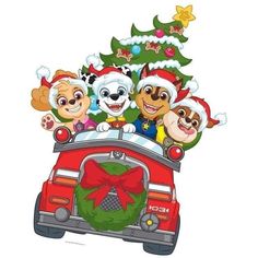 cartoon christmas dogs riding in the back of a firetruck with a christmas tree on top