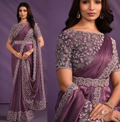 Purple Crepe Satin Silk Saree, Saree For USA Women, Designer Saree, Party Wear Saree, Wedding Wear Saree, Purple Saree, Stitched Blouse Purple Fitted Pre-draped Saree For Wedding, Wedding Saree In Purple Dola Silk, Festive Purple Blouse Piece For Wedding, Purple Wedding Blouse Piece With Zari Work, Art Silk Saree With Intricate Embroidery For Celebration, Purple Blouse Piece For Wedding And Diwali, Purple Pre-draped Saree For Wedding And Navratri, Purple Pre-draped Saree For Wedding And Eid, Anarkali Saree With Intricate Embroidery For Celebrations