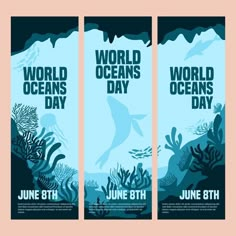 World oceans day banner set Premium Vector Celebration Banner Design, Ocean Design Ideas, Cool Banner Design, Pole Banner Design, X Banner Design Ideas, Banner Illustration Design, Aquarium Graphic Design, Sea Graphic Design, Ocean Graphic Design