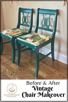 two chairs painted green with the words before and after vintage chair makeover on them