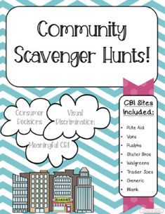 a blue and white poster with the words community scavenger hunts on it's side