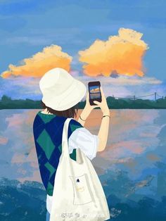 a painting of a person looking at the sky with a cell phone