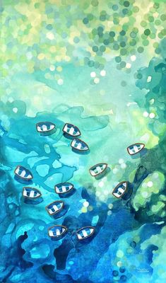 an abstract painting with small boats floating on the water and bubbles in the air above it