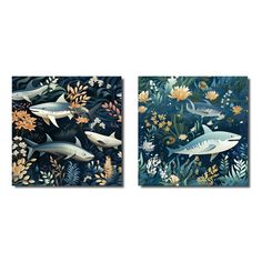 two paintings of sharks in the ocean surrounded by plants and flowers