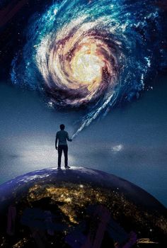 a man standing on top of a planet with a spiral galaxy in the sky above him