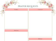 a printable prayer request is shown with flowers and leaves on the front, in pink