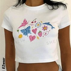 Nwt Never Worn White Y2k Tops For Spring, Trendy Fitted White Print Top, White Graphic Print Crop Top T-shirt, Cute Fitted White T-shirt, Y2k Graphic Print Tops For Spring, Trendy Fitted White T-shirt, White Printed Y2k Tops, Fun White Printed Tops, Fitted White Printed Tops