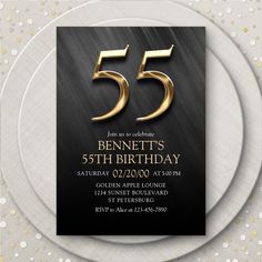 a black and gold 50th birthday party card with the number 55 on it's front