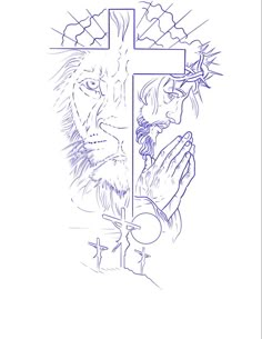 a drawing of jesus holding the cross with a lion on it's head and praying