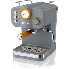 an espresso machine with a wooden handle on the front and side, sitting in front of a white background