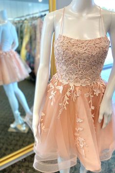 Peach Appliques Lace-Up Back A-Line Short Party Dress Peach Color Dress Short, Orange Hoco Dress, Teen Homecoming Dresses, Dress For Graduation, Peach Color Dress, Wedding Dress With Pockets, Short Party Dress, Evening Dresses Cocktail, A Line Shorts