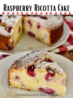 a slice of raspberry ricotta cake on a plate