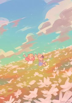 two cartoon characters in a field with clouds