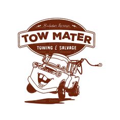 tow matere logo with the words tow matere towing and salvage in brown on a white background