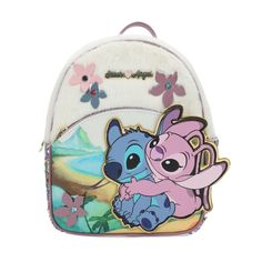 Take your favorite aliens in love with you wherever you go with this officially licensed Disney mini backpack. Featuring faux fur and a polyurethane applique of Stitch and Angel hugging on the beach, this adorable backpack brings your favorite Disney characters to life! Measuring 10.5 inches in height, it's the perfect size for carrying your most important essentials comfortably. The top zipper ensures easy access to the spacious main compartment, where an interior zip pocket offers a secure pla Angel Hugging, Stitch Things, Stitch Party, Stitch People, Leather Applique, Stitch Stuff, Disney Merch, Kindergarten Backpack, Mini Backpack Purse