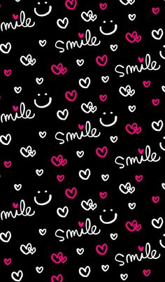 the words smile and hearts are drawn in white on a black background with pink accents