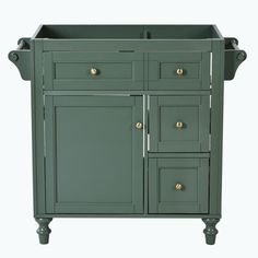 a green cabinet with gold handles and drawers on it's sides, against a white background