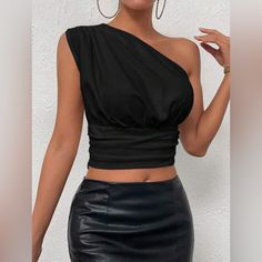 Condition: Brand New, Tags Attached Color: Black Size: Xs, M Price Is Firm Chic Black Crop Top, Trendy Black Crop Top For Evening, Chic Black Crop Top For Going Out, Trendy Black Top For Evening, Trendy Black Tops For Evening, Trendy Black Evening Top, Black One Shoulder Crop Top For Summer, Fitted Black Crop Top For Going Out, Black One-shoulder Top For Summer