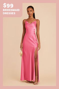 a woman in a pink dress with the words $ 99 bridesmaid dresses on it